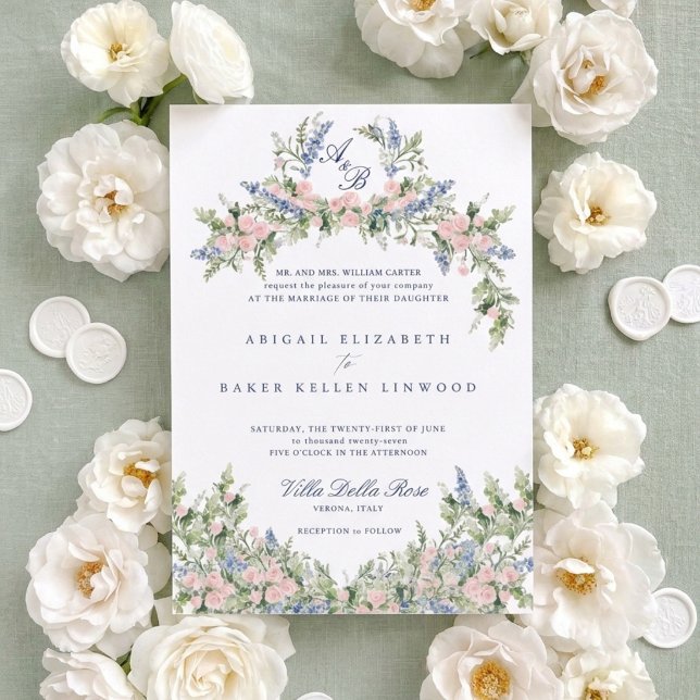 Convite Crestas Florais Monogramáticas para Casamento em V (Criador carregado)