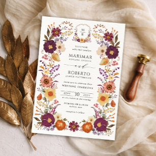 Convite Crestas Monogramáticas de Casamento com Florais Pi