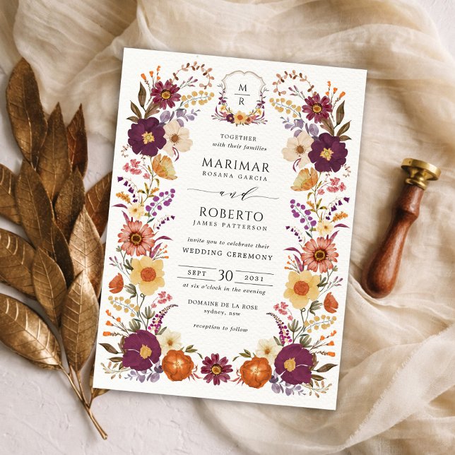 Convite Crestas Monogramáticas de Casamento com Florais Pi (Criador carregado)