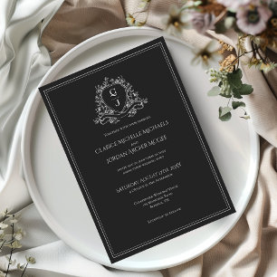 Convite Crestas Monogramáticas Preto e Branco Casamento Mi