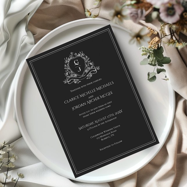 Convite Crestas Monogramáticas Preto e Branco Casamento Mi (Criador carregado)
