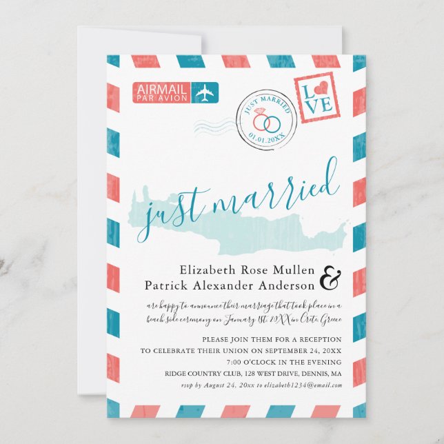 Convite Creta Grécia Antiga Correio Aéreo Casamento (Frente)