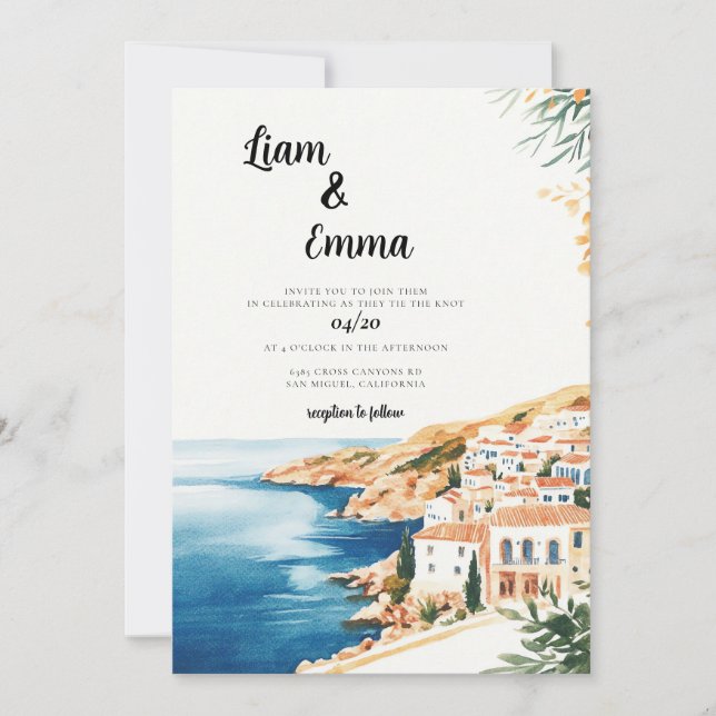 Convite Crete Watercolor Wedding Destination (Frente)