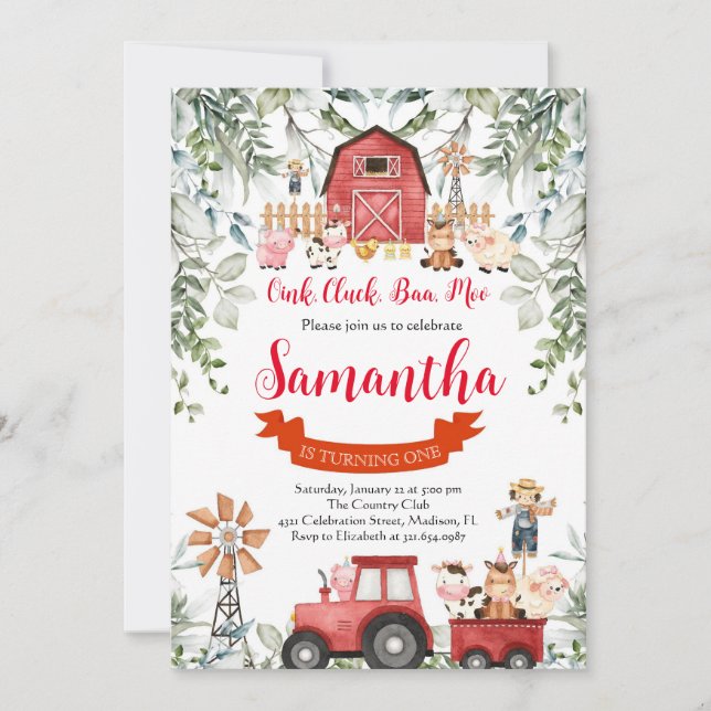 Convite Criações verdes Animais do Barnyard Red Boy Aniver (Frente)