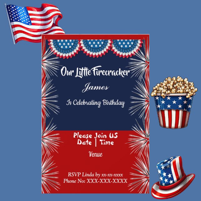 Convite Criador de Independência Patriótico Birthday Boy (Patriotic Independence Firecracker Birthday Boy Invitation)
