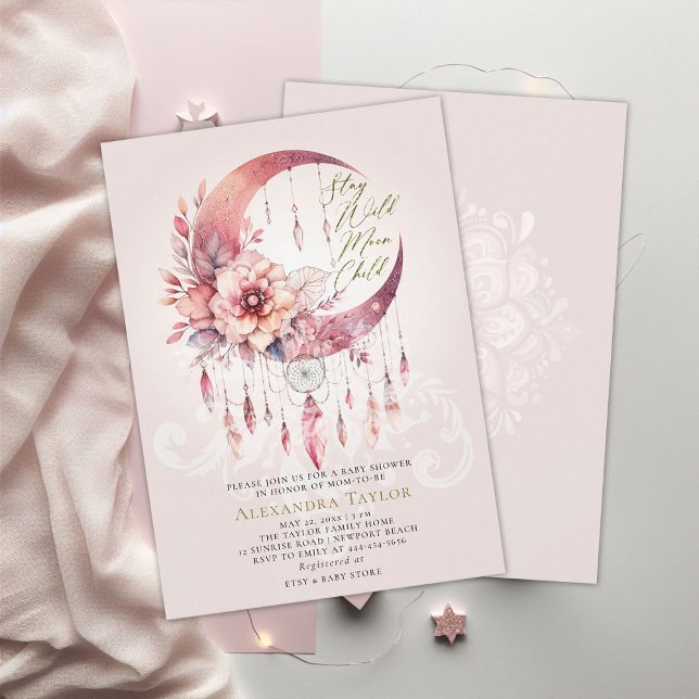 Convite Criador Selvagem de Sonhadores Cristais Chá de Beb (wild moon child baby girl shower invitation pink boho dreamcatcher crystal gold glitter elegant boho)