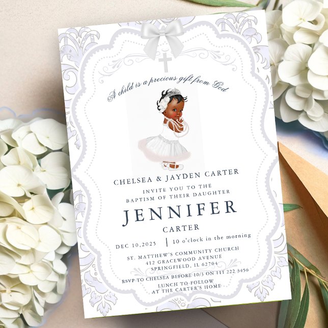 Convite Criança Afro-Americana de Batismo Christening (African American Baby Girl Baptism Christening Invitation)