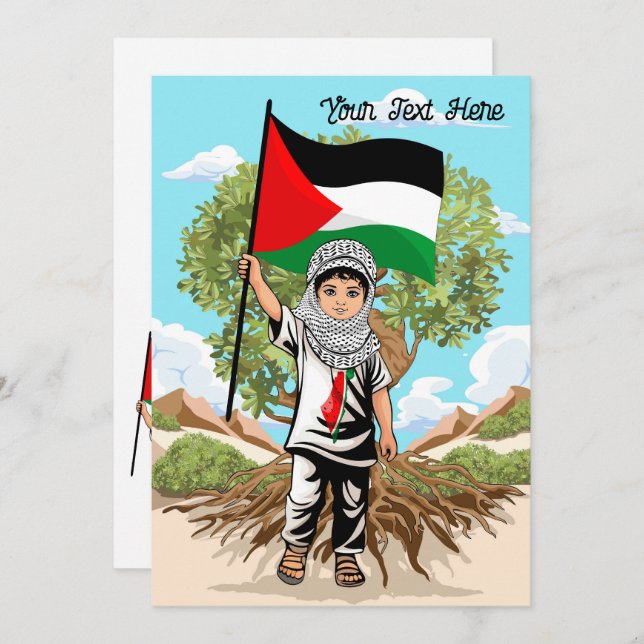 Convite Criança com Keffiyeh Palestine Flag e Olive Tree (Frente/Verso)