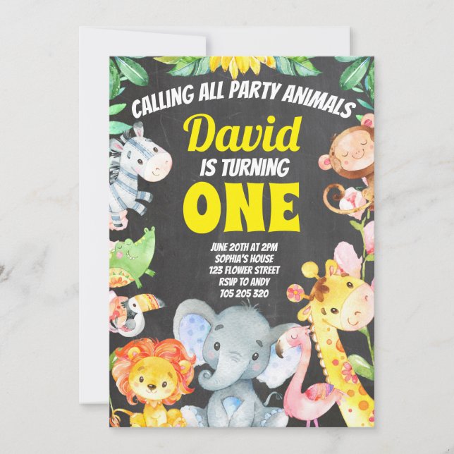 Convite Criança de Festas Nascimento Safari Chalkboard (Frente)