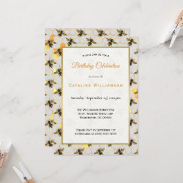 Convite Criança Dourada Abelhas Honeycomb Aniversário