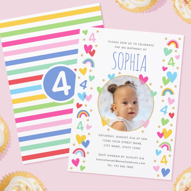 Convite Crianças 4º Aniversário Foto Cute Rainbow Foto Cor (Criador carregado)