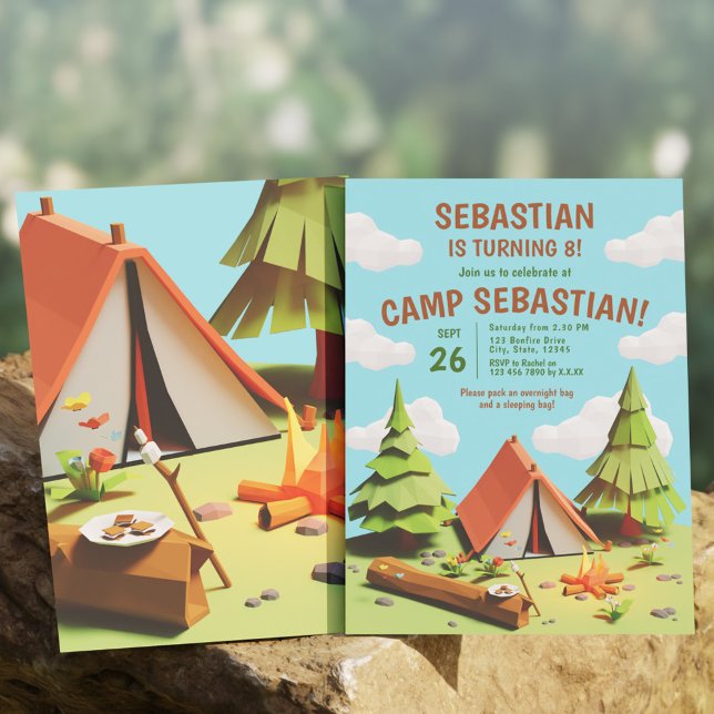Convite Crianças acampam tendas no exterior Festa de anive (Kids Tent Camp Fire Outdoors Birthday Party Invitation)