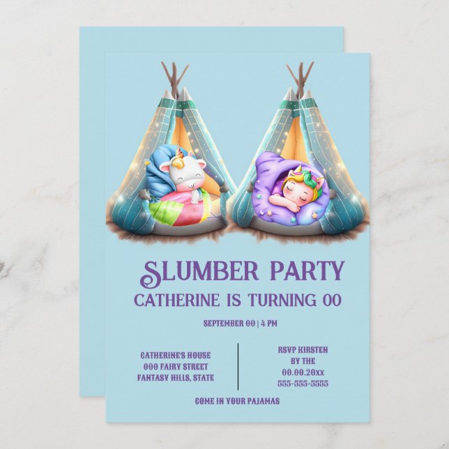 Convite Crianças adormecem festas de pijama (Frente/Verso)