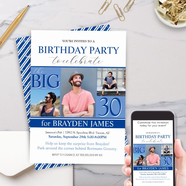 Convite Crianças Adultas Modernas Azuis Qualquer Idade Con (Modern blue saphire photo collage birthday party invitation with any birthday milestone)