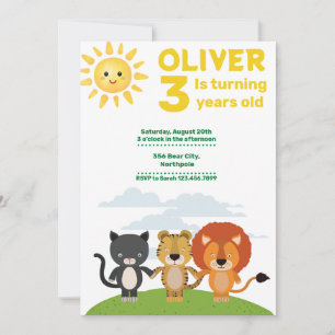 Convite Crianças Animais Selvagens, aniversário de 3 anos
