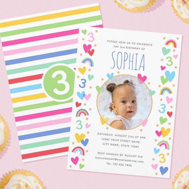 Convite Crianças aniversário de 3 anos Cute Rainbow Photo  (Criador carregado)