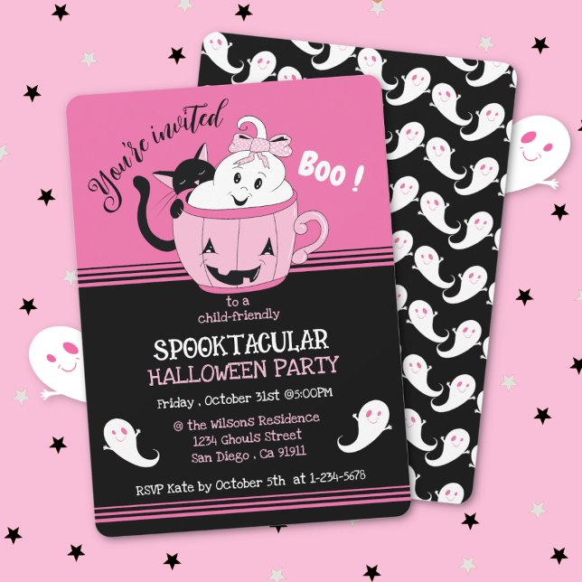 Convite Crianças Bonitas e Loucas, Rosa, Chamadas de Dia d (Spooky cute pink and black ghost theme kid-friendly Halloween party invitation .)