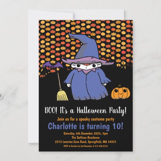 Convite Crianças Bruxas de Halloween Pumpkin & Bats Aniver (Frente)
