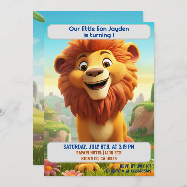 Convite Crianças com Idade do Nome Personalizado do Lion d (Frente/Verso)