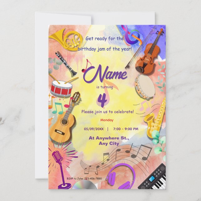 Convite Crianças com tema instrumentos musicais B'day (Frente)