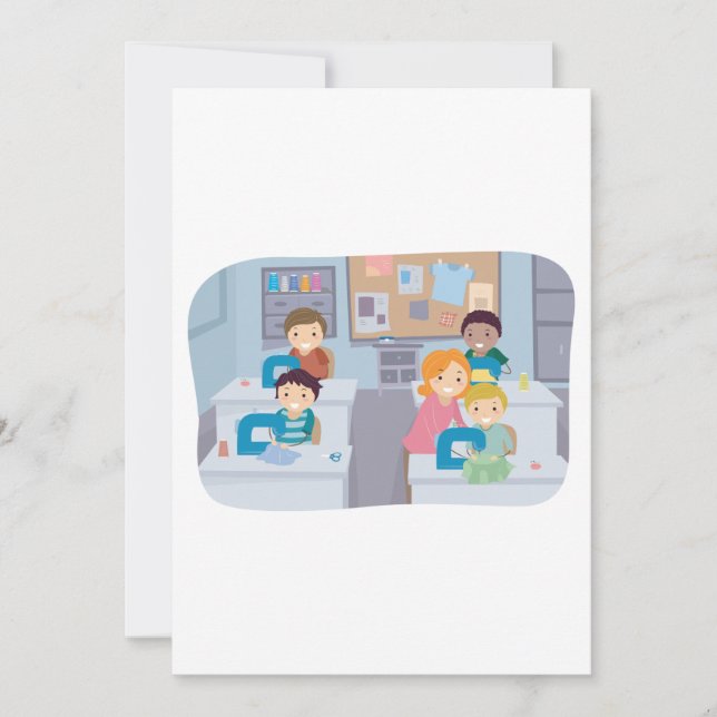 Convite Crianças Costurando Classe Divertimento Arranjo e  (Frente)