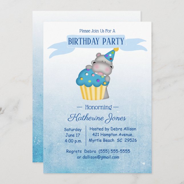 Convite Crianças Cute Hippo com um Aniversário Cupcake Azu (Frente/Verso)