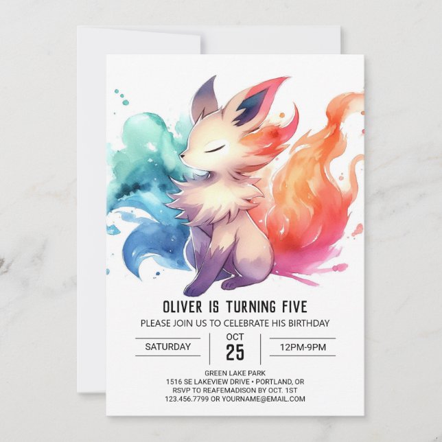 Convite Crianças da Aquarela Fox Birthday (Frente)