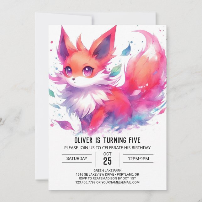 Convite Crianças da Aquarela Fox Birthday (Frente)