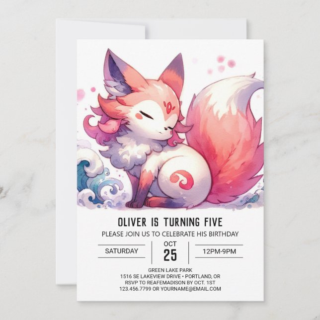 Convite Crianças da Aquarela Fox Birthday (Frente)
