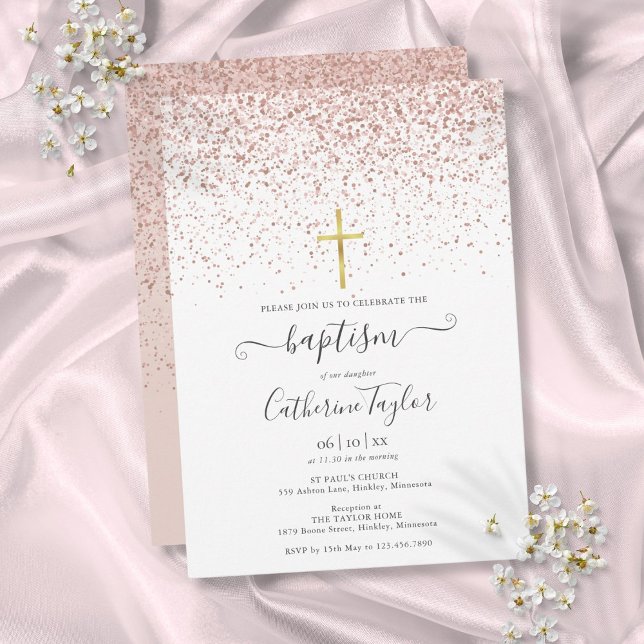 Convite Crianças de Batismo Dourado com Rosa moderno (Modern Rose Gold Glitter Baptism Christening Invitation)