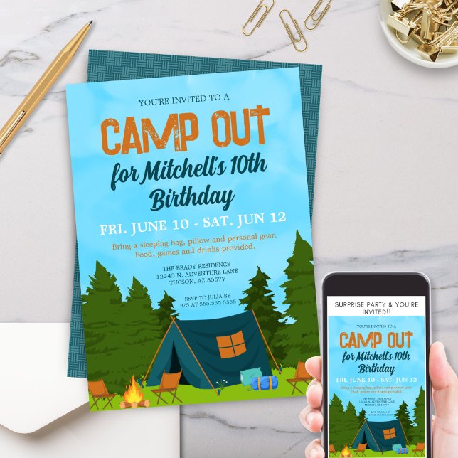 Convite Crianças Divertidas Tendam Festa de aniversário de (Personalized camp out birthday party invitation for kids camping theme sleepover adventure outdoors)