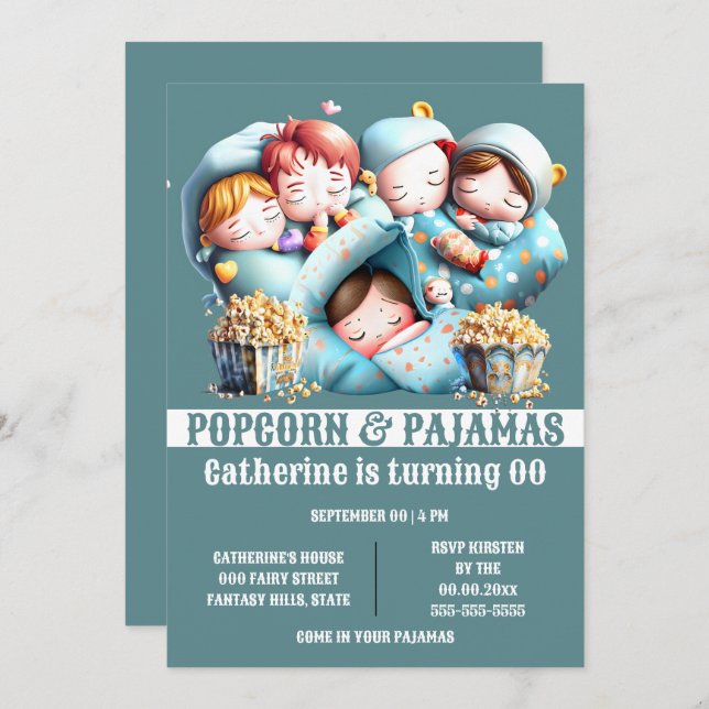 Convite Crianças dormindo bolsas pipocas pipocas pijama fe (Frente/Verso)