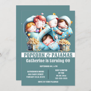 Convite Crianças dormindo bolsas pipocas pipocas pijama fe