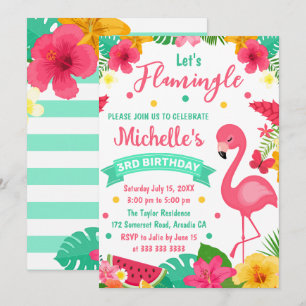 Convite Crianças Fofas Flamingo Tropical Verão Aniversário