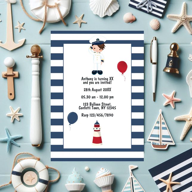 Convite Crianças - Foto de Festa de aniversário Náutica Pe (Kids Custom Nautical Sailor Birthday Party Photo Invitation)