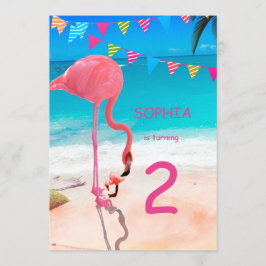 Convite Crianças Gatas Rosa Azul Flamingo Beach Birhtday