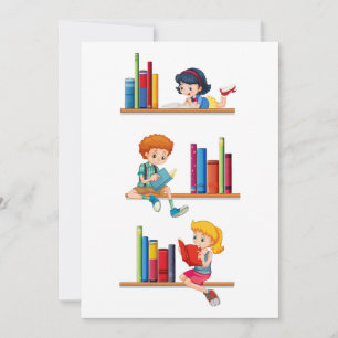 Convite Crianças Lendo Livros na Prateleira