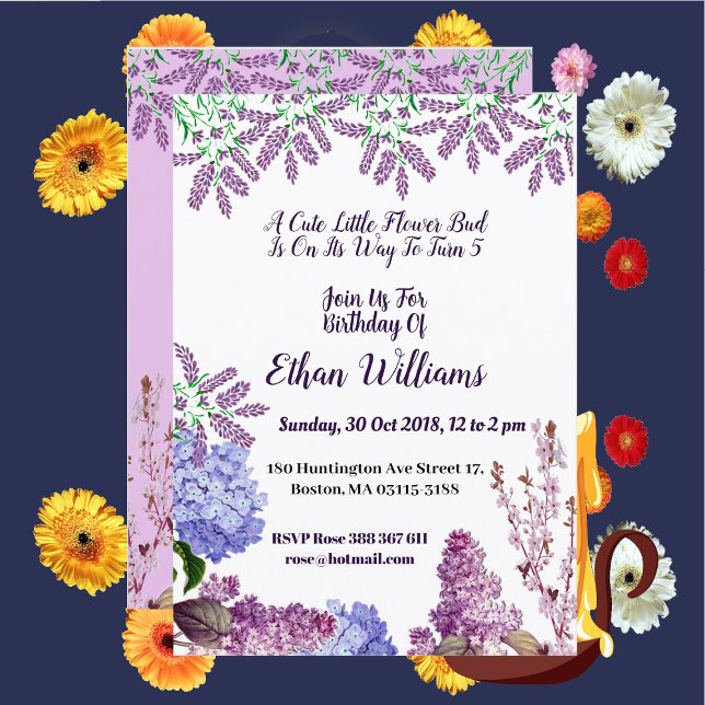 Convite Crianças Pastel Azul Suave Bud Lilac Hydrangea Ani (Kids Soft Blue Pastel Bud Lilac Hydrangea Birthday Invitation)