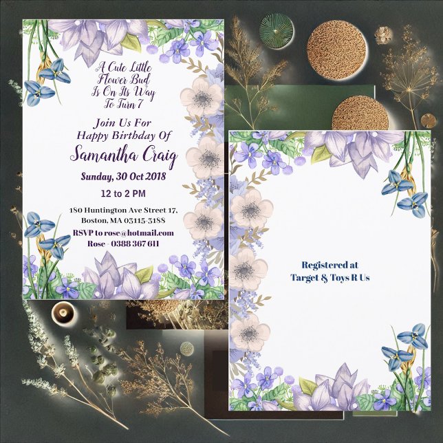 Convite Crianças Pastel Blue Pequena Flor Bud Floral Anive (Kids Pastel Blue Little Flower Bud Floral Birthday Invitation)