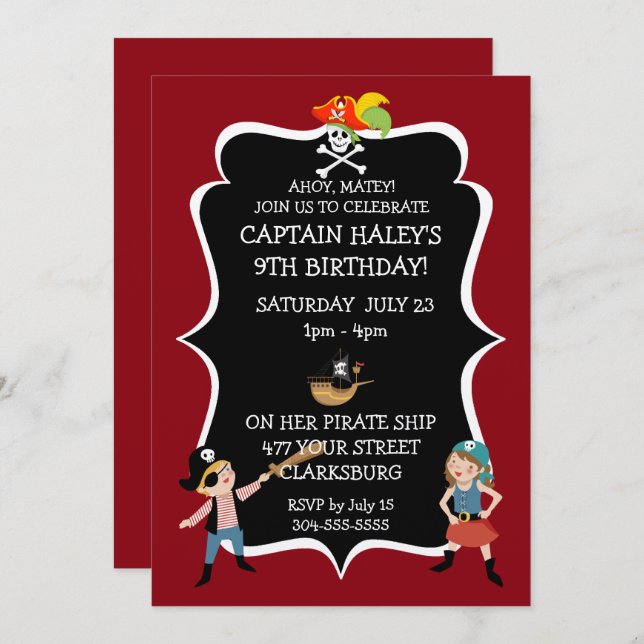 Convite Crianças Piratas Festas de aniversário (Frente/Verso)