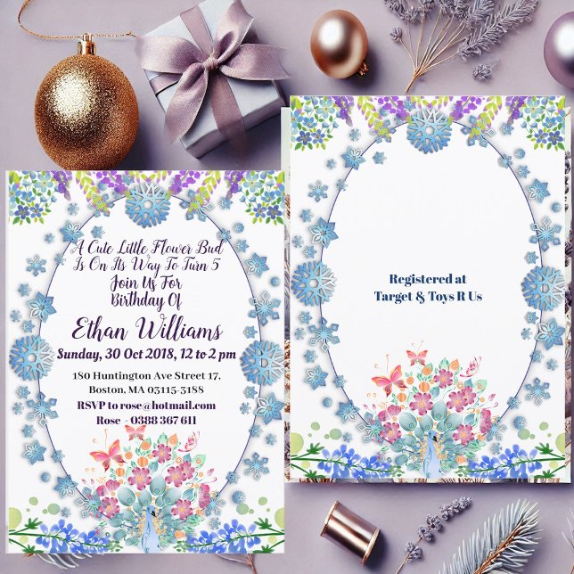Convite Crianças Pobres Oval Azul Pequeno Flor Fumarinho A (Kids Soft Oval Blue Little Flower Bud Birthday Invitation)