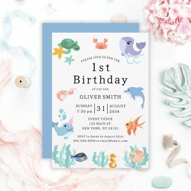 Convite Crianças primeiros aniversarios - Animais do Mar (Kids 1st Birthday Party Sea Animals Invitation
)