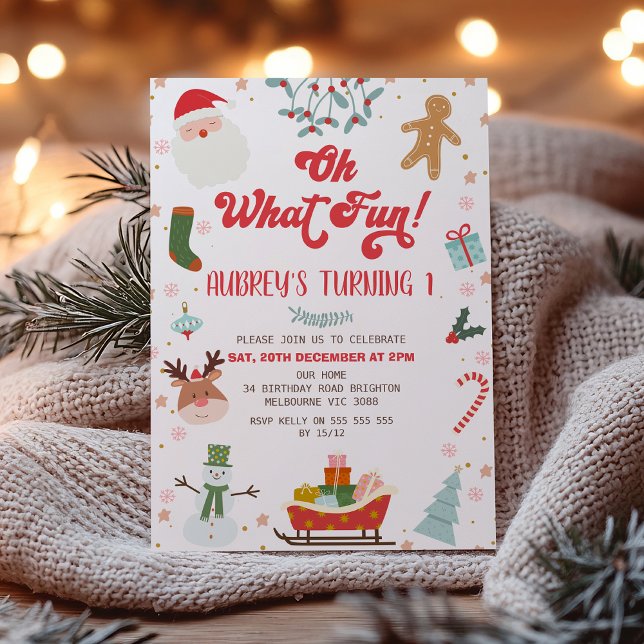 Convite Crianças Que Natal Divertido Pensava Que Era Anive (Oh What Fun Oh Christmas Birthday Party Invitation, Retro 1st Birthday, Winter Holiday, Sleigh, )