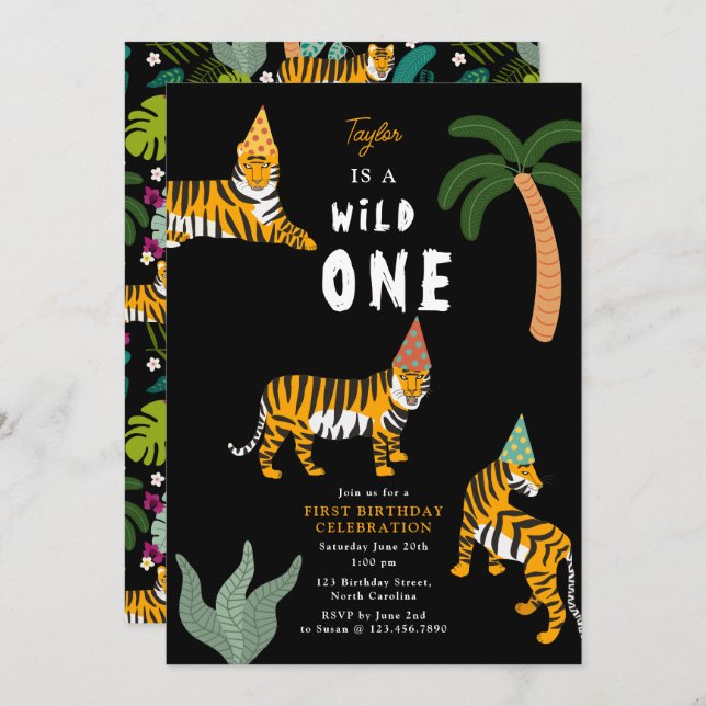 Convite Crianças Safari Da Selva De Tigre Tropical Primeir (Frente/Verso)