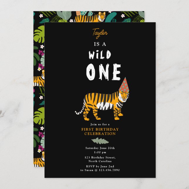 Convite Crianças Safari Da Selva De Tigre Tropical Primeir (Frente/Verso)