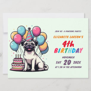 Convite Crianças - Tema de Pug Colorida Aniversário