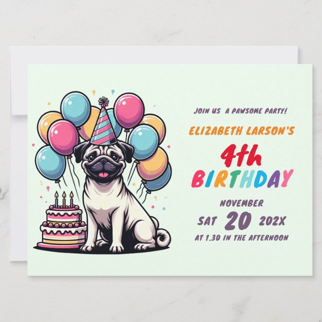 Convite Crianças - Tema de Pug Colorida Aniversário (Frente)