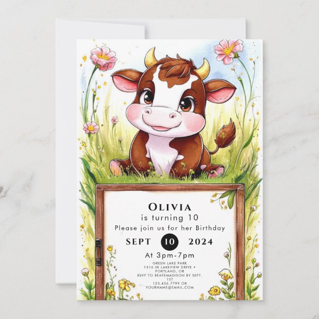 Convite Crianças: Vaca Aquarela (Frente)