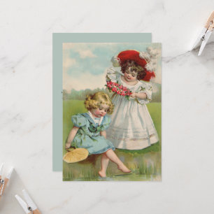 Convite Crianças Vitorianas Verão Antigo Meninas Jardim