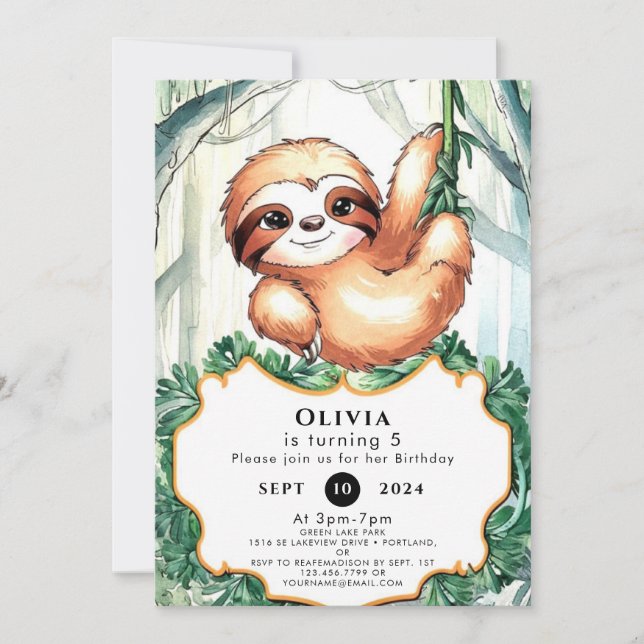 Convite Crianças Whimsical Sloth Aniversário (Frente)
